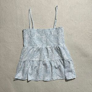 Paper Cranes Women's Small Blue and White Floral Paisley Tiered Flowy Tank Top